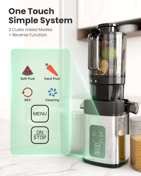 Juicer with control panel displaying modes and functions on a white background