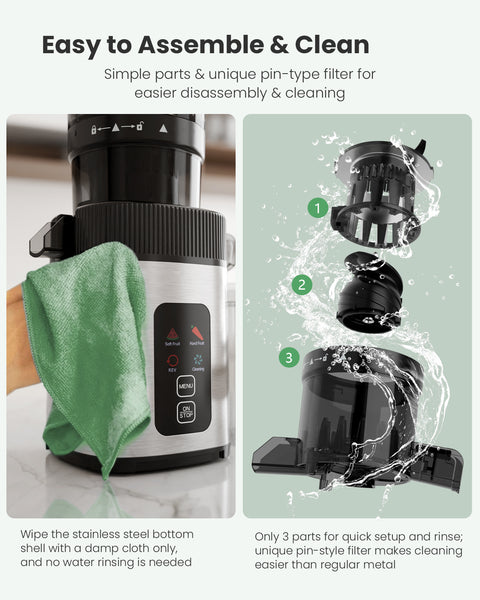 Juicer with text on assembly and cleaning, showing a green cloth and water splashes.