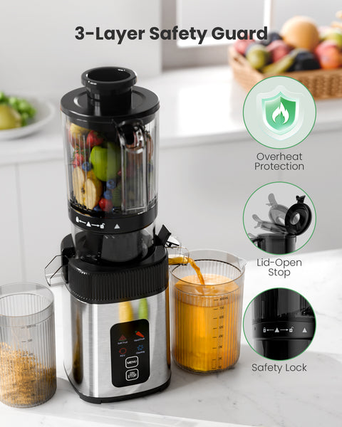 Blender with 3-layer safety guard on a kitchen counter, featuring icons for overheating protection, lid-open stop, and safety lock.
