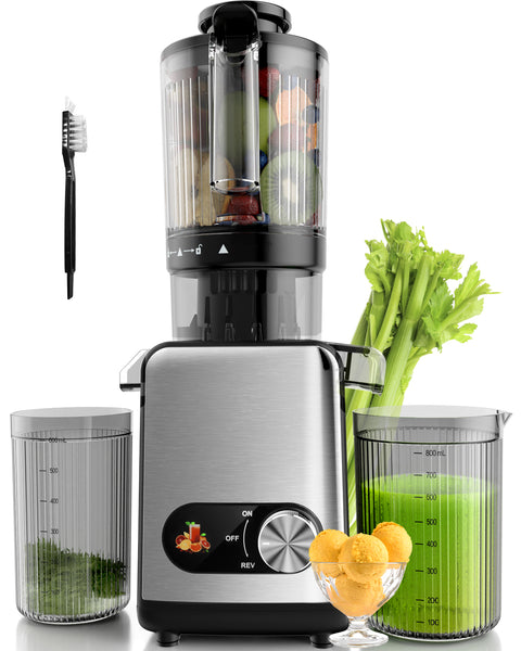 Juicer with ingredients and containers on a white background