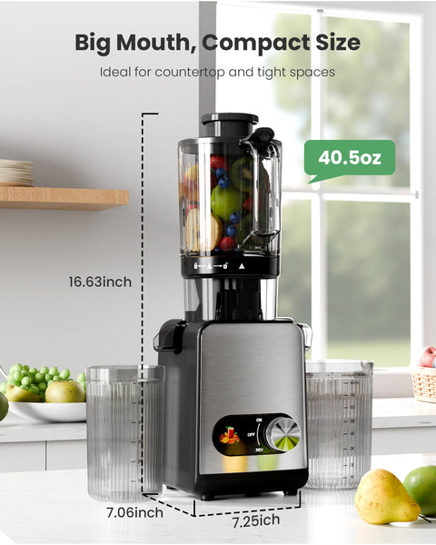 Juicer with fruit and measurements in a kitchen setting