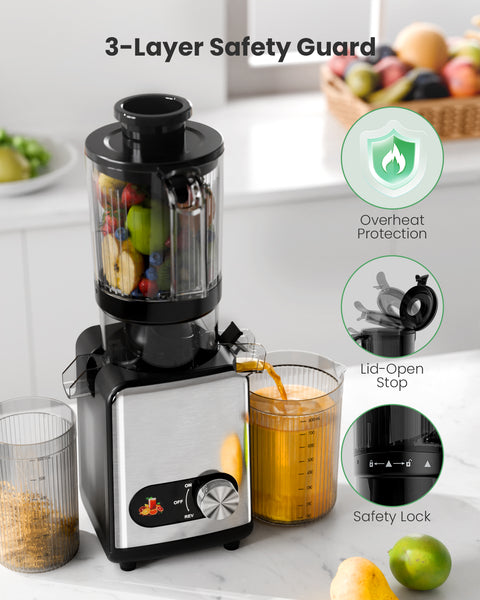 Blender with 3-layer safety guard on a kitchen counter with fruits and drinks.