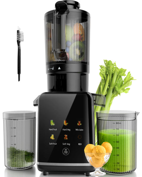 Black juicer with ingredients and containers on a white background