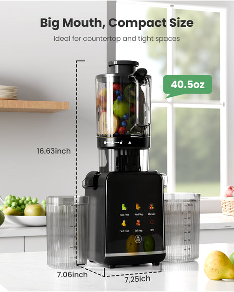 Black countertop juicer with fruit inside, shown with measurements and text about size and ideal use.