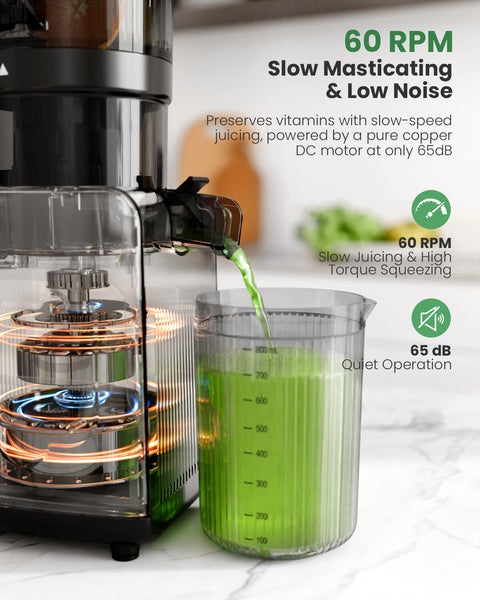 Juicer with a glass of green juice on a white countertop, featuring text about RPM and noise levels.