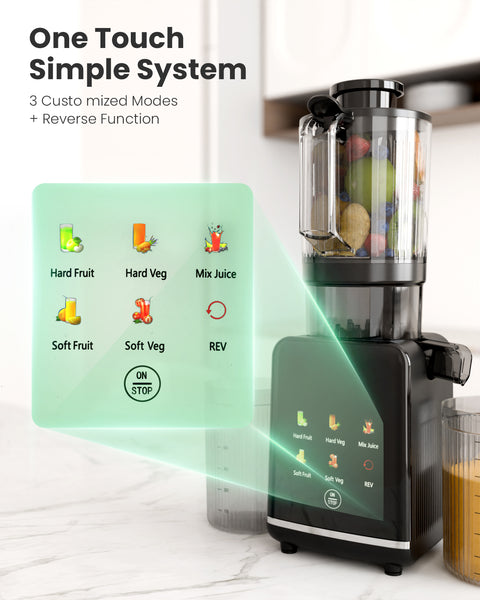 Juicer with digital display and control panel on a white background