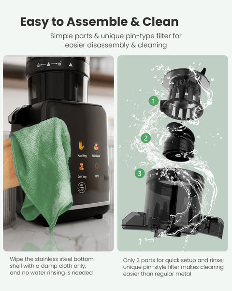 Black appliance with cleaning instructions and parts illustration on a green background