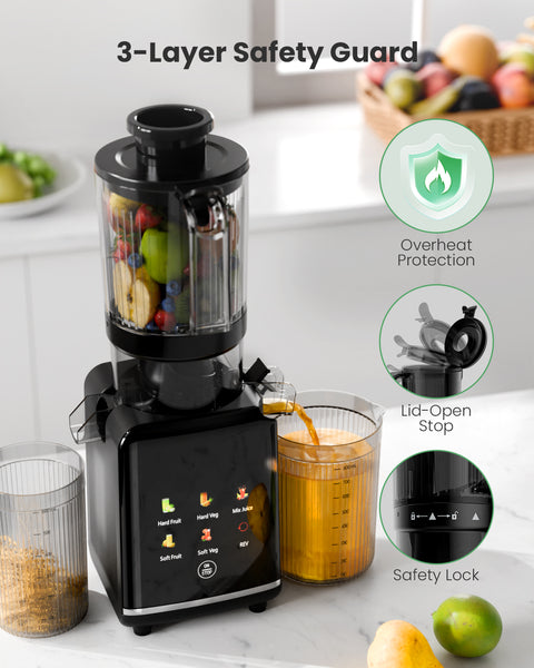 Blender with 3-layer safety guard on a kitchen counter with fruits and a glass of juice.