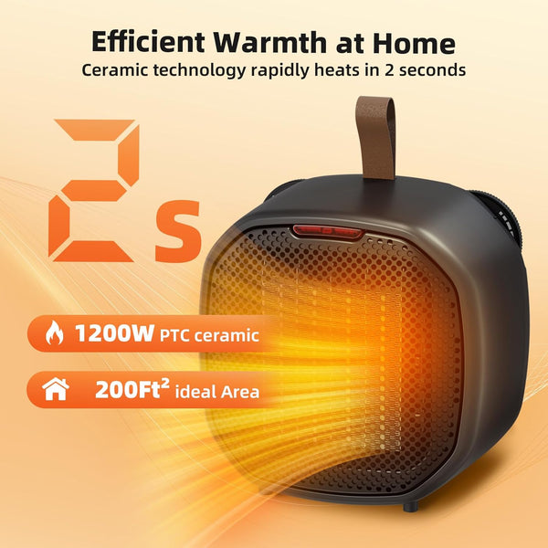 Portable ceramic space heater with text highlighting features on a beige background