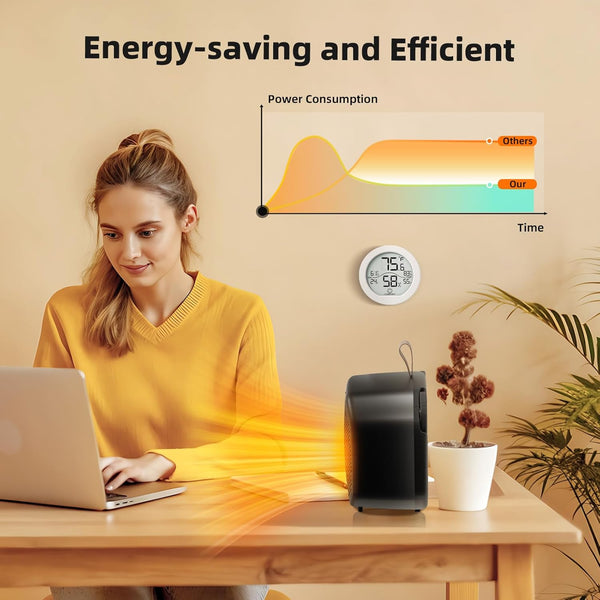 Woman using a laptop with a small air conditioner on a table, power consumption graph in the background.