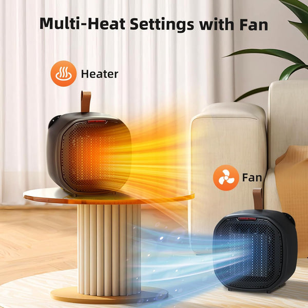 Portable heater with fan emitting heat and airflow in a home setting.