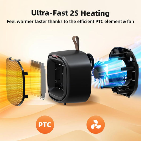 Black heating device with PTC element and fan illustration on a beige background