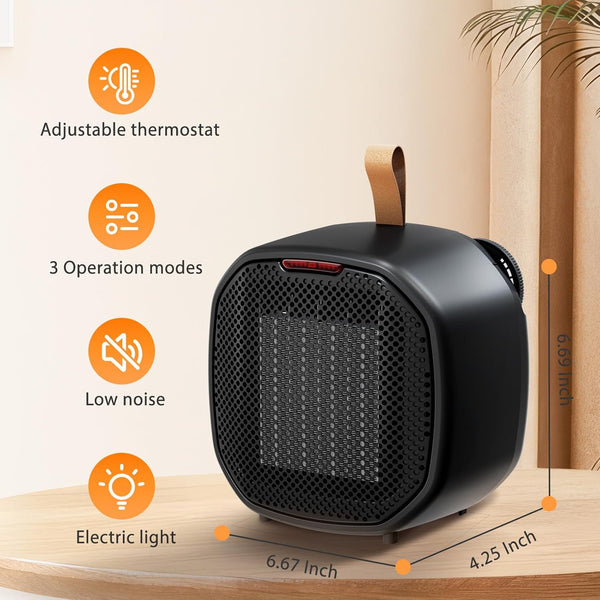 Portable heater with features listed on a wooden surface