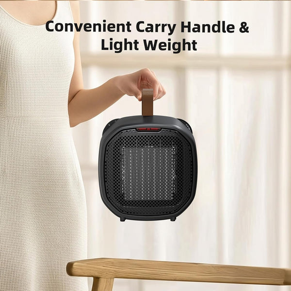 Person holding a black handheld heater with text 'Convenient Carry Handle & Light Weight' on a neutral background