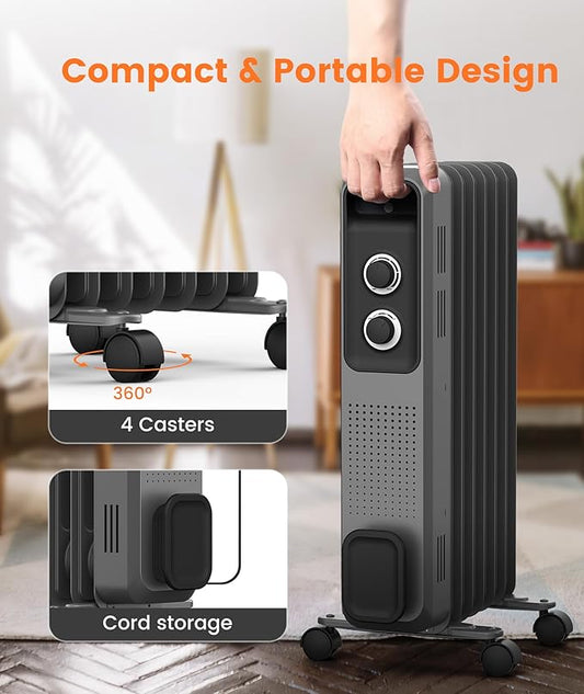 Portable electric heater with caster wheels and cord storage feature, shown in a home setting.