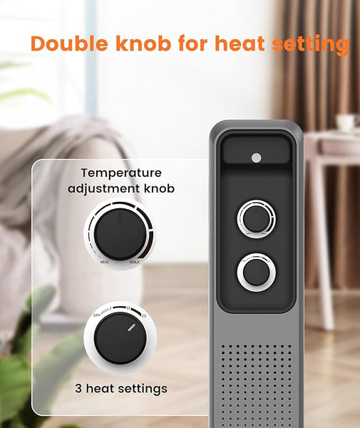 Heater control panel with temperature adjustment knobs and heat settings, blurred indoor background.