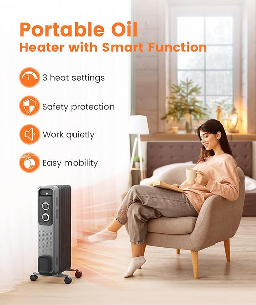 Portable oil heater with a woman reading a book in a cozy living room.