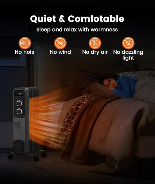 Person sleeping in bed with a heater emitting warmth, highlighting features like 'No noise', 'No wind', 'No dry air', and 'No dazzling light'.