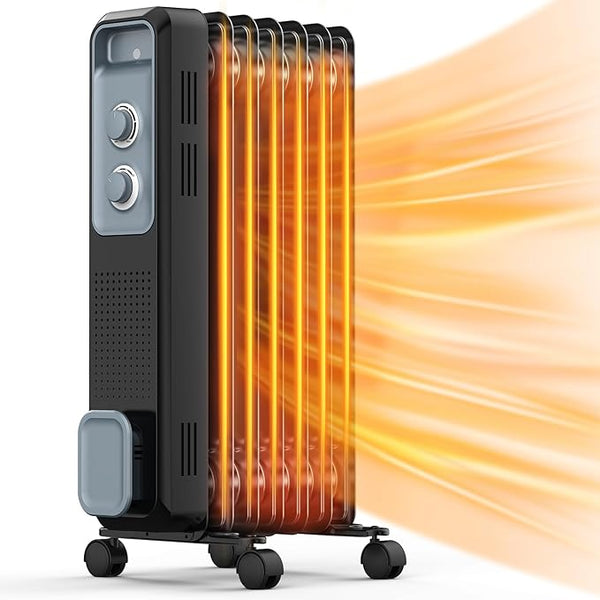Portable electric heater with glowing heating elements on a white background