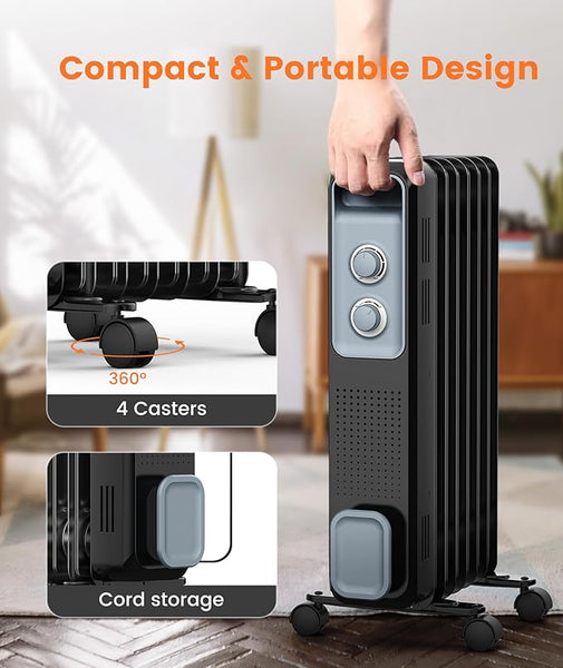 Portable heater with casters and cord storage feature, shown in a home setting.