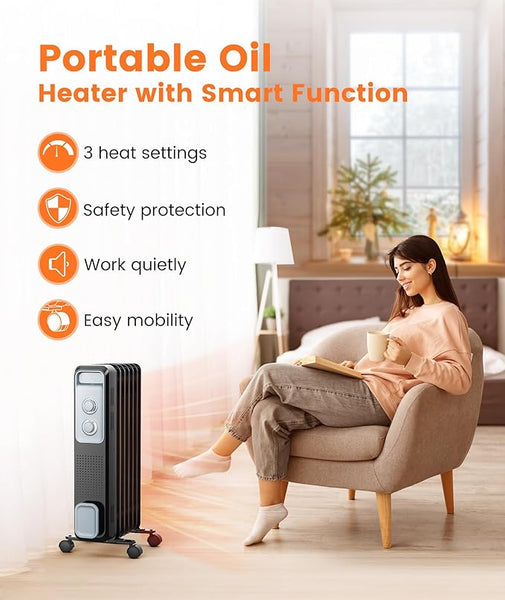 Portable oil heater with a woman reading a book in a cozy living room.