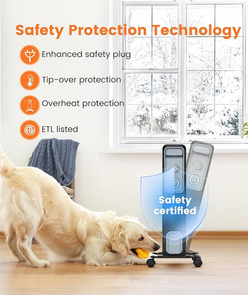 Dog playing with a toy next to a standing fan with safety features highlighted.