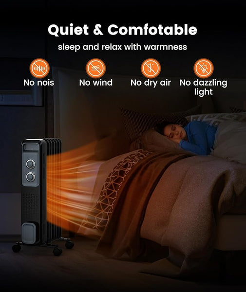 Heater emitting warmth in a bedroom with a person sleeping, highlighting features like 'No noise', 'No wind', 'No dry air', and 'No dazzling light'.