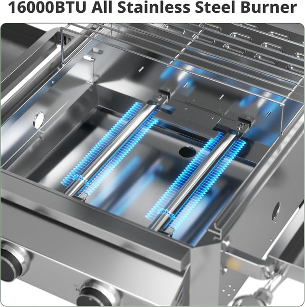 Stainless steel burner with blue flames on a gas grill, labeled '16000BTU All Stainless Steel Burner'.