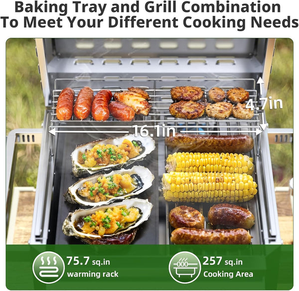 Baking tray and grill combination with food on a natural outdoor setting