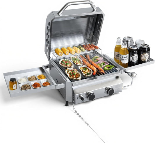 Portable grill with food and drinks on a white background