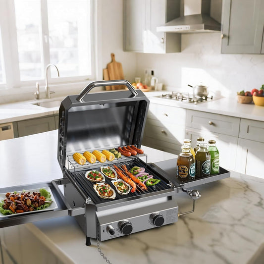 Portable grill on a kitchen counter with food and drinks