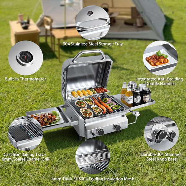Stainless steel grill with various features highlighted on a grassy outdoor setting