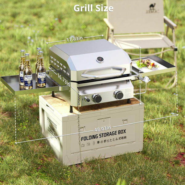 Portable grill on a folding storage box with dimensions displayed outdoors.