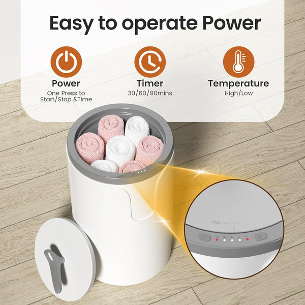 White and gray container with baby items on a wooden floor, featuring power, timer, and temperature controls.