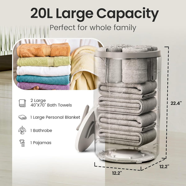 Storage organizer with towels and blanket, labeled '20L Large Capacity' and 'Perfect for whole family'.