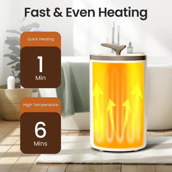 Heating device with temperature display and text 'Fast & Even Heating' in a home setting.