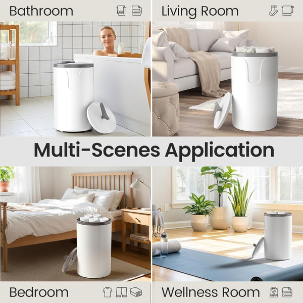 White cylindrical air purifier shown in various indoor settings including a bathroom, living room, bedroom, and wellness room.