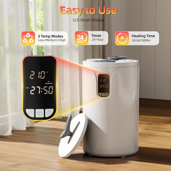 White electronic device with digital display on a wooden floor, featuring text 'Easy to Use' and icons for temperature modes, timer, and heating time.