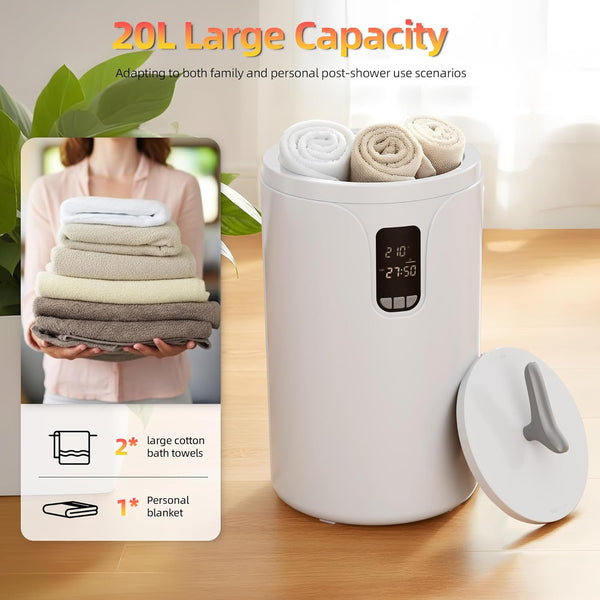 White digital storage container with towels and a person holding folded towels, labeled '20L Large Capacity'.