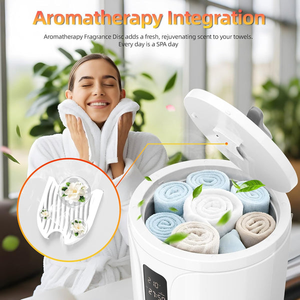 Woman using a towel with an aromatherapy integration product, showing towels and a fragrance disc.