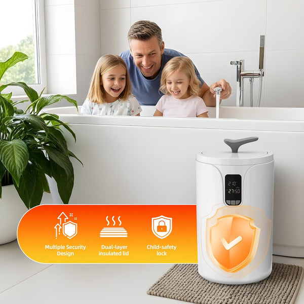 Family in a bathroom with a water dispenser and safety features highlighted.