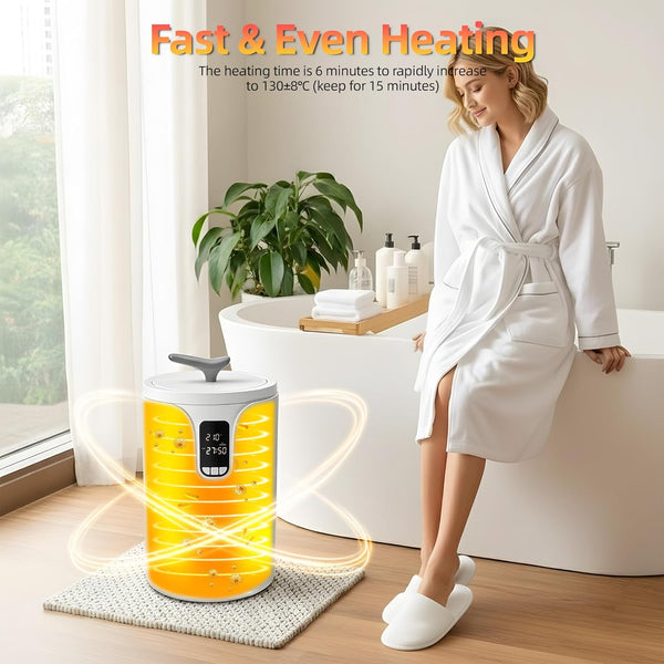 Woman in a bathrobe next to a hot water bottle with text about fast and even heating.