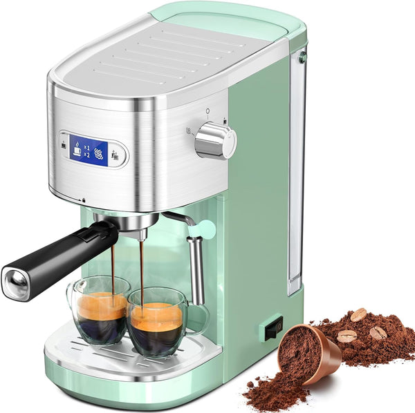 Green espresso machine with two glasses of coffee and coffee grounds on a white background