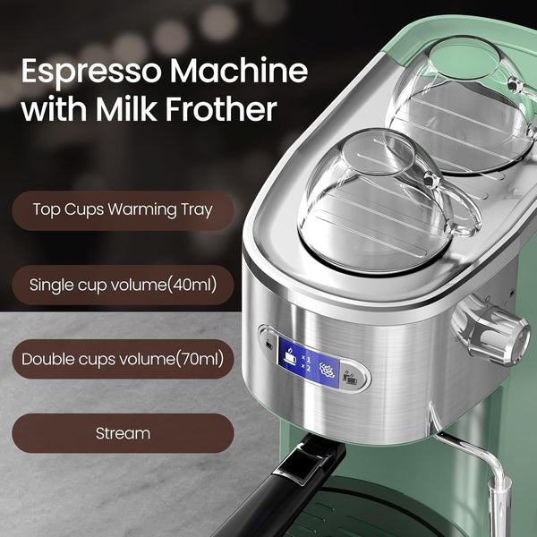 Espresso machine with milk frother on a gray background