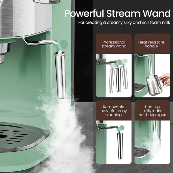Coffee machine with a powerful stream wand, highlighting features like heat resistance and easy cleaning.