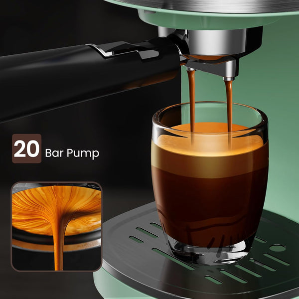 Espresso machine pouring coffee into a glass with '20 Bar Pump' text and close-up inset.