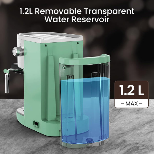 Green water reservoir with transparent tank and visible water level indicator on a dark background