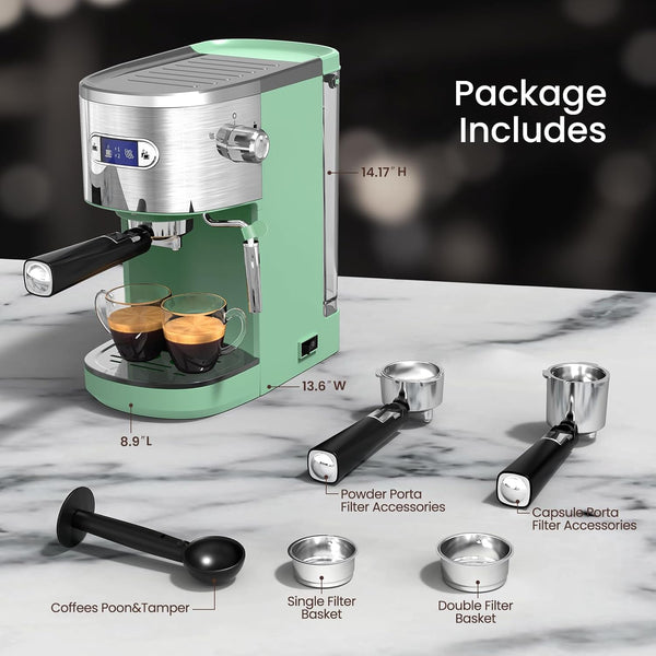 Green espresso machine with accessories on a marble surface
