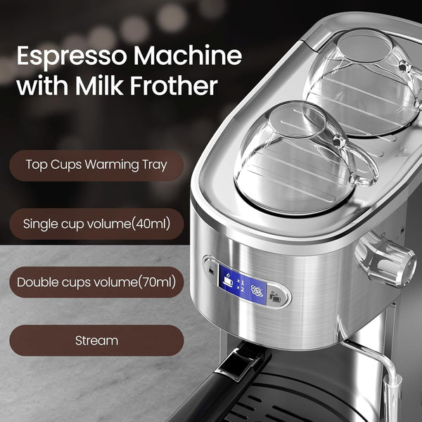 Espresso machine with milk frother on a gray background