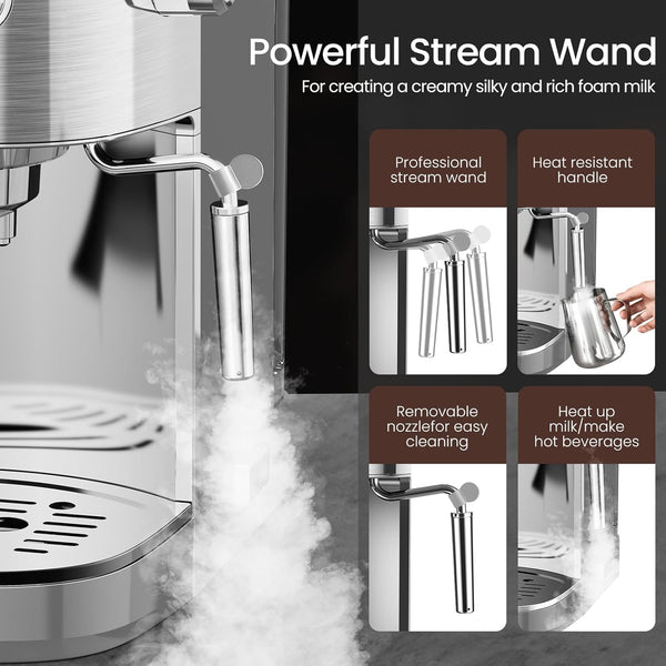 Coffee machine with steam wand and features highlighted on a black background